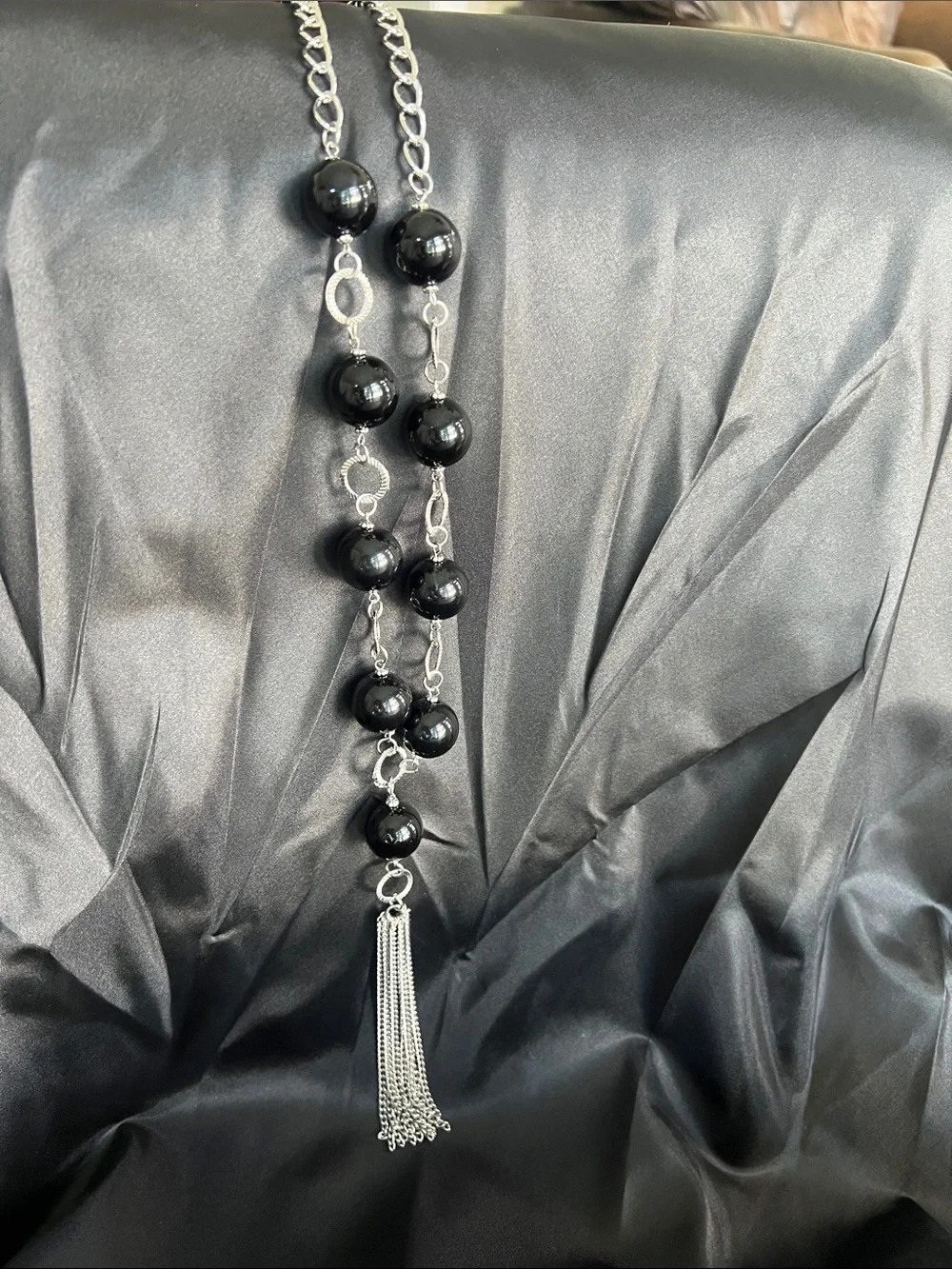 Classic Black Bead Tassel Necklace - Unbranded